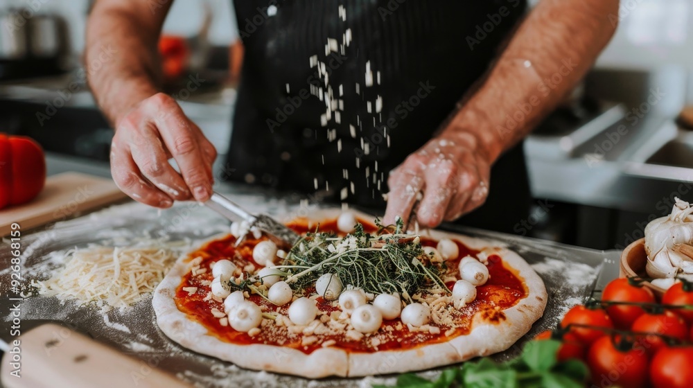 Chef Garnishing Pizza with Fresh Herbs and Cheese, Food Preparation in Restaurant Kitchen Chef Garnishing Pizza with Fresh Herbs and Cheese, Food Preparation in Restaurant Kitchen
