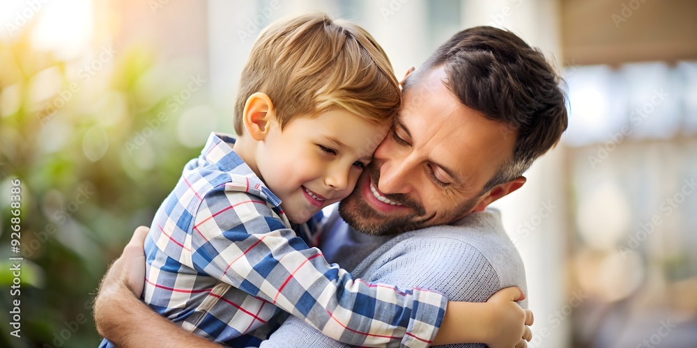 Portrait of a father hugging his young son with love and affection, father, son, love, family, bonding, affection, care Portrait of a father hugging his young son with love and affection, father, son, love, family, bonding, affection, care