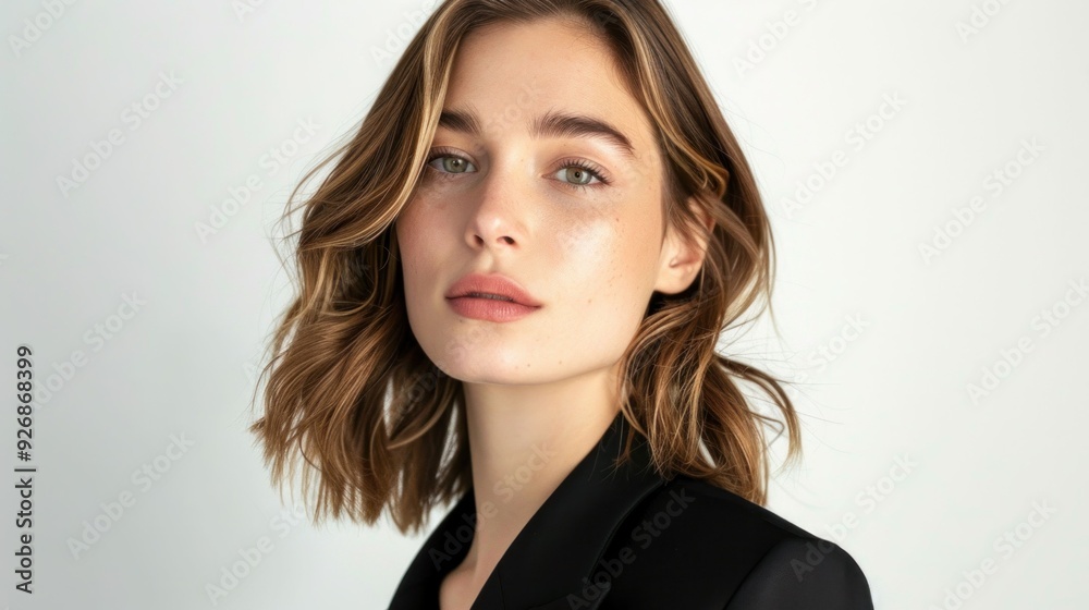 Portrait of a elegant young woman in a stylish black blazer looking away in a professional business setting Portrait of a elegant young woman in a stylish black blazer looking away in a professional business setting