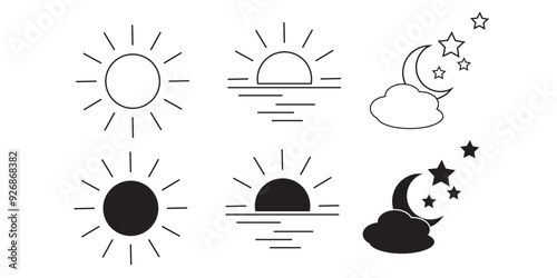 Time of the day signs. Rising and setting sun, crescent moon and stars, day and night time symbols. Vector illustration