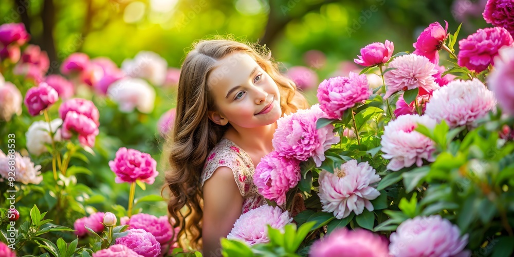 Beauty girl surrounded by blooming peonies in a serene garden setting, peonies, serenade, beautiful girl, blossoms, nature Beauty girl surrounded by blooming peonies in a serene garden setting, peonies, serenade, beautiful girl, blossoms, nature