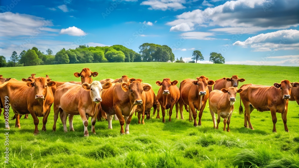 Herd of cows grazing in green pasture, cows, livestock, farm, agriculture, animals, herd, rural, countryside, grass, field Herd of cows grazing in green pasture, cows, livestock, farm, agriculture, animals, herd, rural, countryside, grass, field