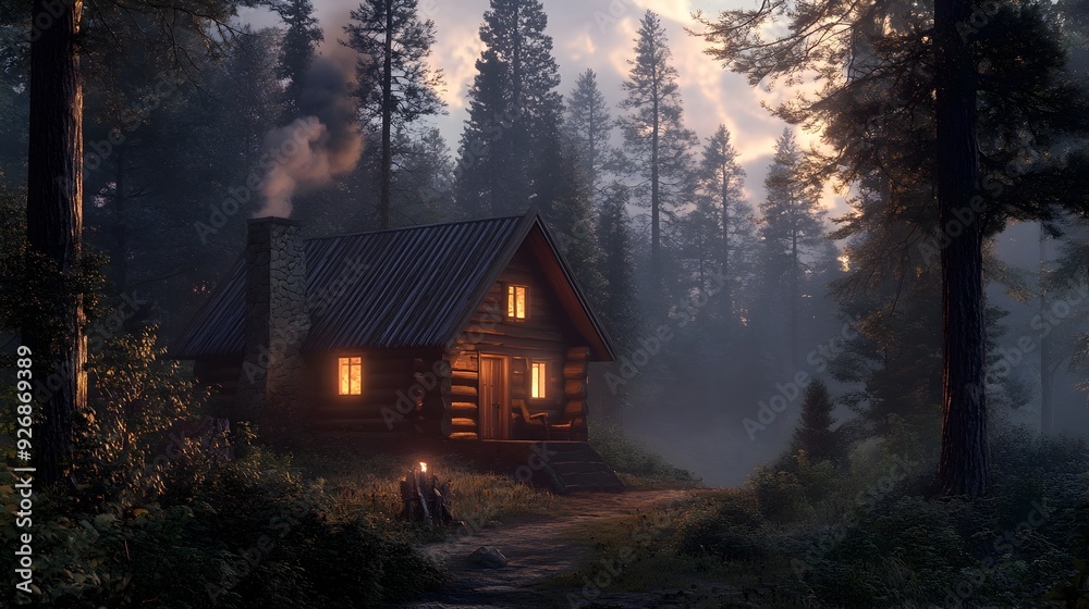 Cozy Cabin in the Woodsy Winter Wonderland with Smoking Chimney and Soft Ambient Light Cozy Cabin in the Woodsy Winter Wonderland with Smoking Chimney and Soft Ambient Light