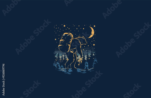 Bear wearing backpack. bear backpacker adventure logo apparel design vector illustration