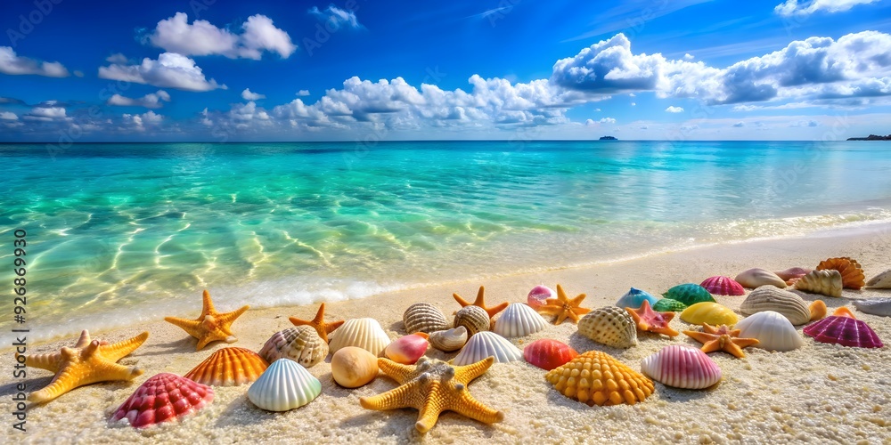 Sandy beach with colorful shells and crystal clear turquoise water, beach, sand, shells, turquoise, Caribbean Sea Sandy beach with colorful shells and crystal clear turquoise water, beach, sand, shells, turquoise, Caribbean Sea