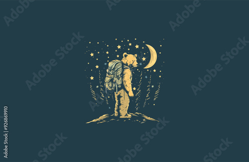 Bear wearing backpack. bear backpacker adventure logo apparel design vector illustration