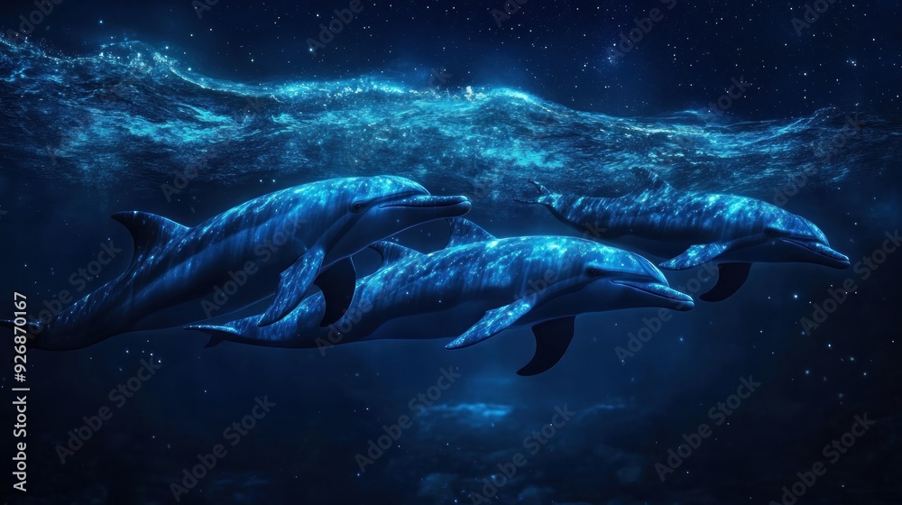 Fototapeta premium Dolphins Swimming in a Starry Night