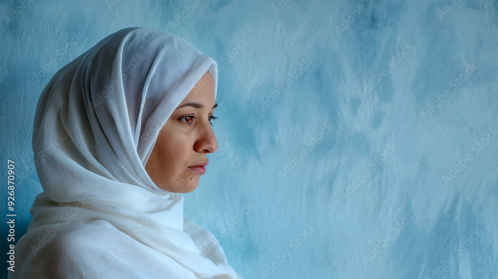 Side profile of a woman in a white hijab against a blue background Side profile of a woman in a white hijab against a blue background