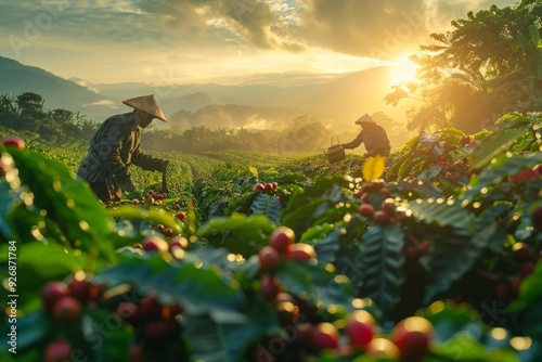 a lifestyle of farmers collecting coffee beans in the plantations with coffee fields and sunset in the background.
