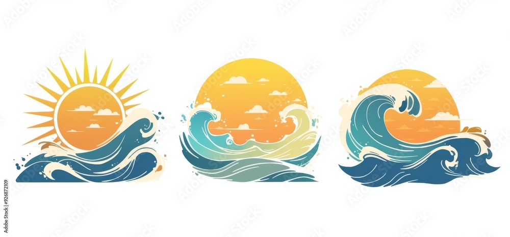 Series of Three Flat Vector Logos Featuring a Sun Rising Over Water with Yellow and White Colors and a Stylized Sea Wave Pattern Series of Three Flat Vector Logos Featuring a Sun Rising Over Water with Yellow and White Colors and a Stylized Sea Wave Pattern