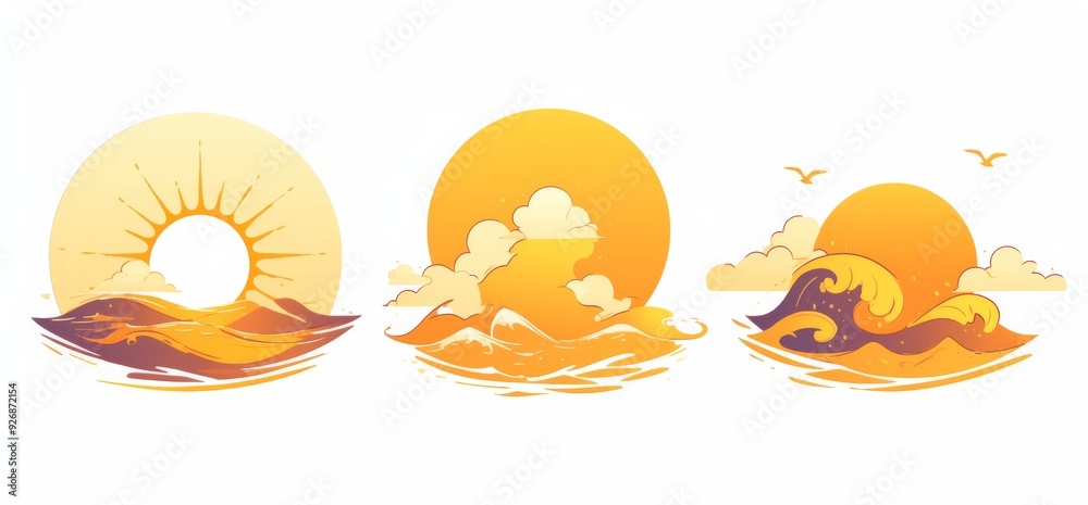 Series of Three Flat Vector Logos Featuring a Sun Rising Over Water with Yellow and White Colors and a Stylized Sea Wave Pattern Series of Three Flat Vector Logos Featuring a Sun Rising Over Water with Yellow and White Colors and a Stylized Sea Wave Pattern