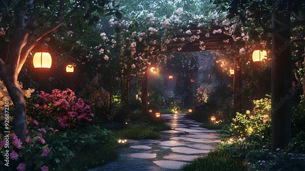 Enchanting Secret Garden at Twilight with Glowing Lanterns Illuminating Vibrant Flora Enchanting Secret Garden at Twilight with Glowing Lanterns Illuminating Vibrant Flora