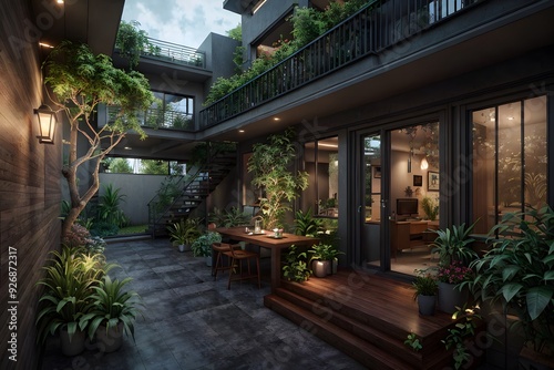 A tranquil oasis in the heart of the city, this modern courtyard seamlessly blends indoor and outdoor living with lush greenery.87