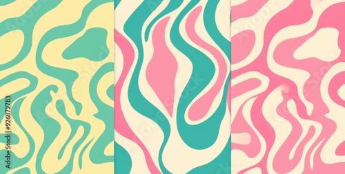 Set of Three Psychedelic Zebra Stripe Patterns with Heart-Shaped Wavy Lines in Pink and Green 