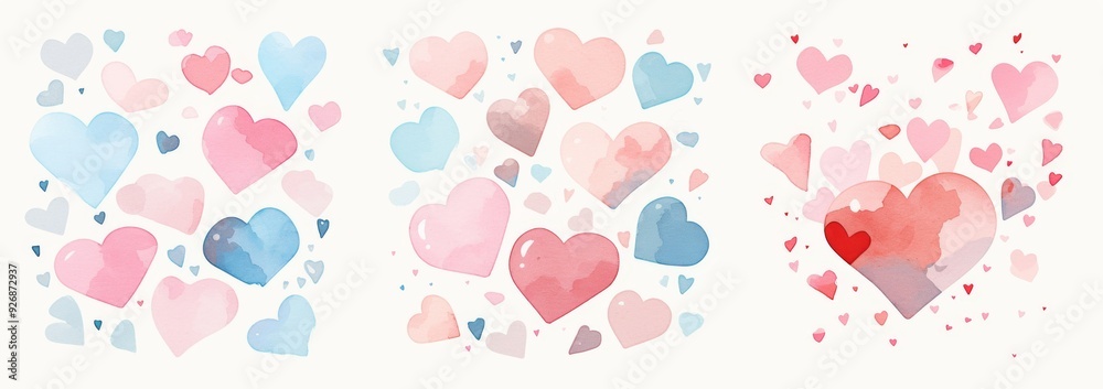 Set of Valentine's Day Cards Featuring Pink and Blue Watercolor Hearts on a White Background Set of Valentine's Day Cards Featuring Pink and Blue Watercolor Hearts on a White Background