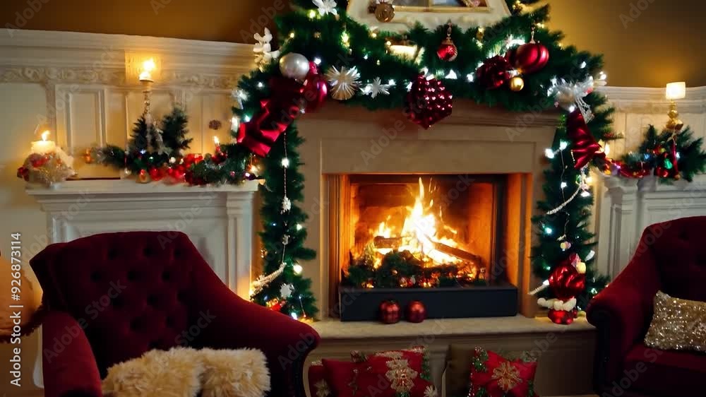 Burning fireplace warming living room decorated for christmas eve with nobody around Burning fireplace warming living room decorated for christmas eve with nobody around