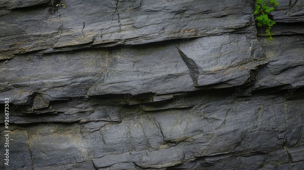 A close-up view of a textured rock surface with a small green plant. A close-up view of a textured rock surface with a small green plant.