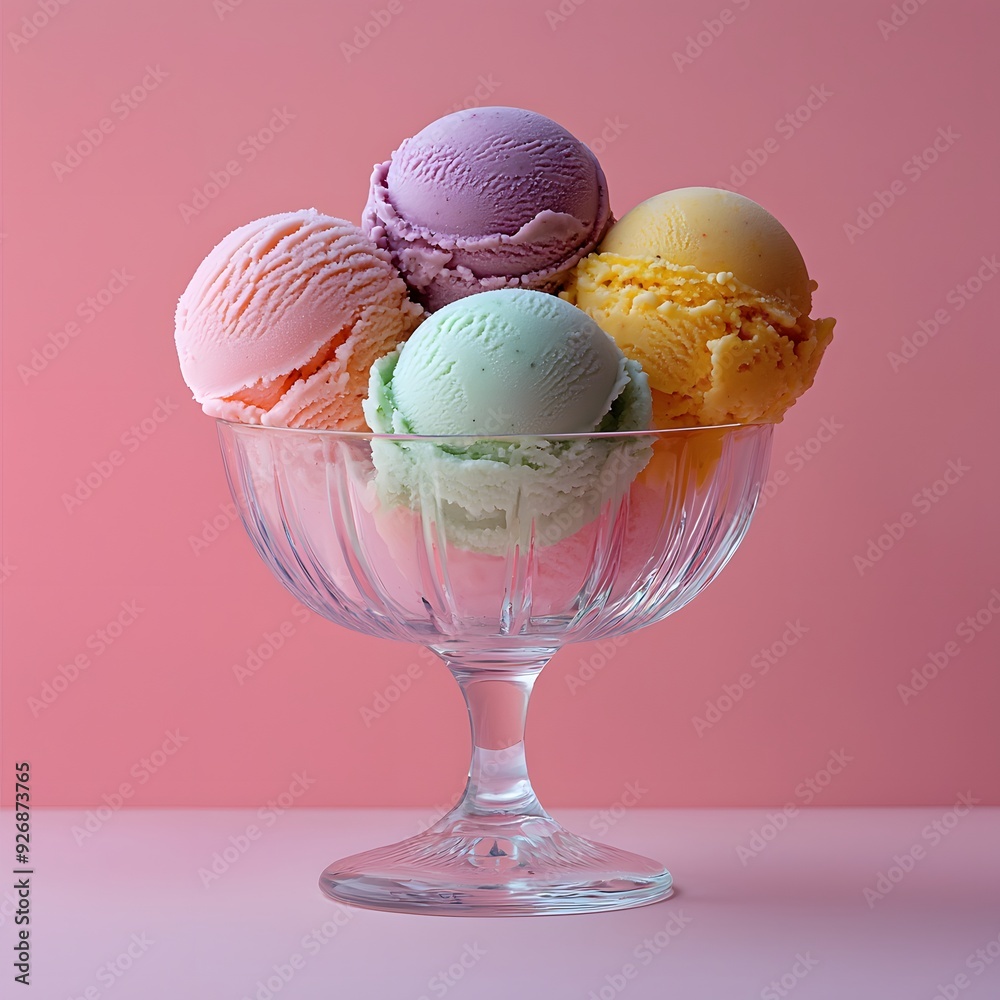 Four Scoops of Ice Cream in a Glass Bowl. Four Scoops of Ice Cream in a Glass Bowl.