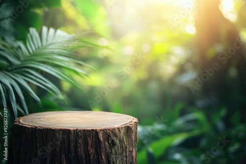 Tree Stump Podium with Blurred Tropical Jungle, Natural Background for Product Display