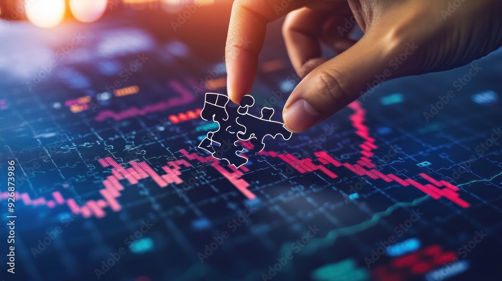 Naklejka premium Hand Holding Puzzle Piece Over Graph