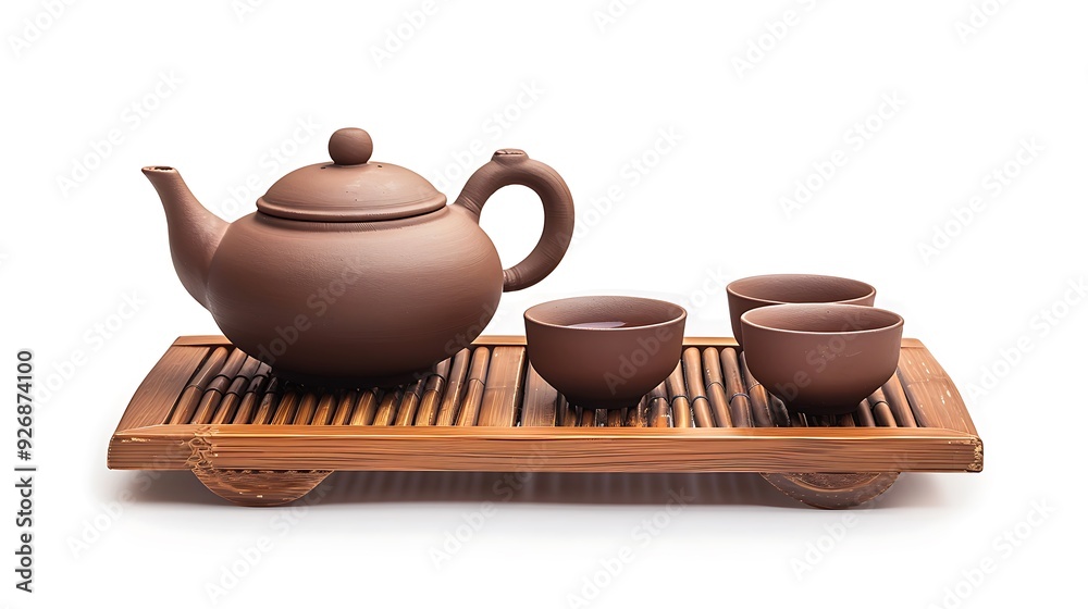 Chinese brown teapot and teacups on the wooden trivet isolated on white background Chinese brown teapot and teacups on the wooden trivet isolated on white background