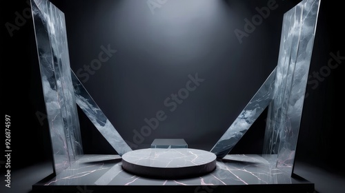 Geometric glass sculptures side by side on a black table, abstract crystal cubism aesthetics photo