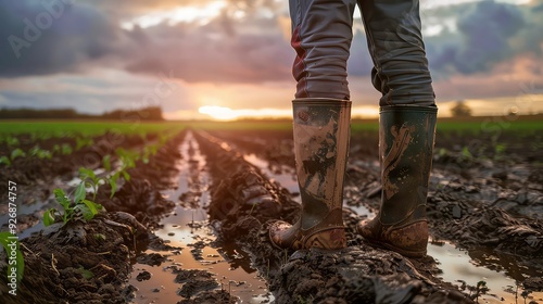 A pair of muddy boots stand in a field, with the setting sun in the background.