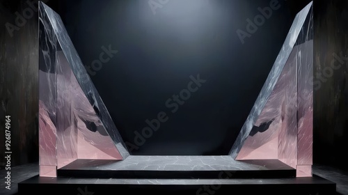 Black surface with three glass geometric sculptures placed together, abstract crystal cubism style photo