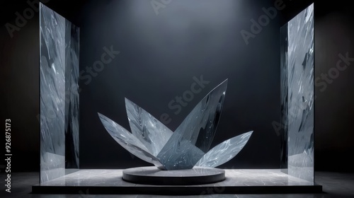 Black surface with three glass geometric sculptures placed together, abstract crystal cubism style photo