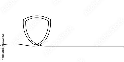 Continuous single line drawing of shield. One line protect linear symbol. Safety, insurance concept. Guard drawing sign. Abstract background. Doodle hand drawn protection, pro vector.