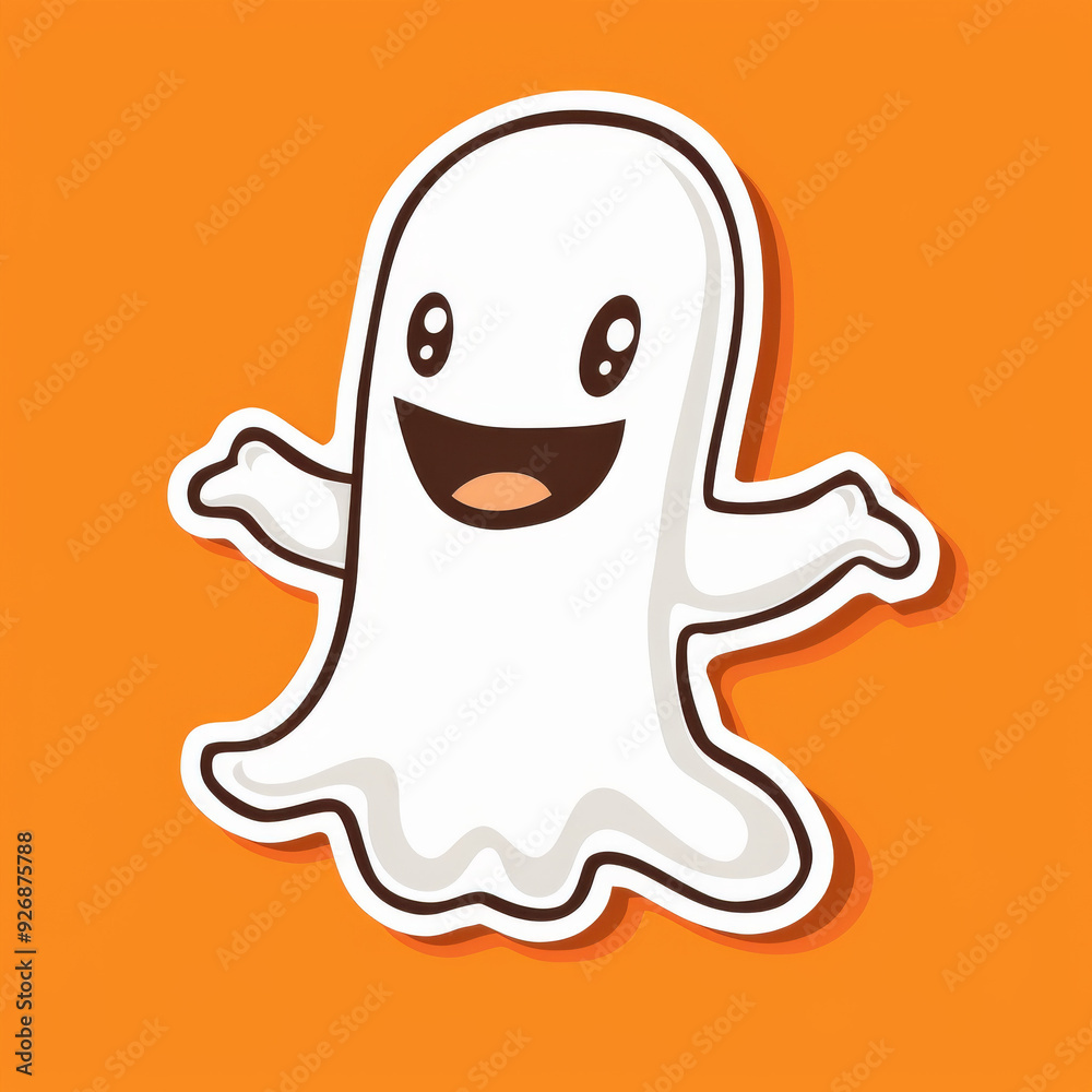 A sticker-style cartoon of a happy ghost with a thick white outline against an orange background. The playful design is perfect for Halloween-themed crafts and decorations. A sticker-style cartoon of a happy ghost with a thick white outline against an orange background. The playful design is perfect for Halloween-themed crafts and decorations.