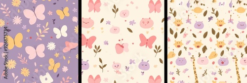 Set of Three Seamless Patterns in Pastel Purple with Pink and Green Accents Featuring Butterflies
