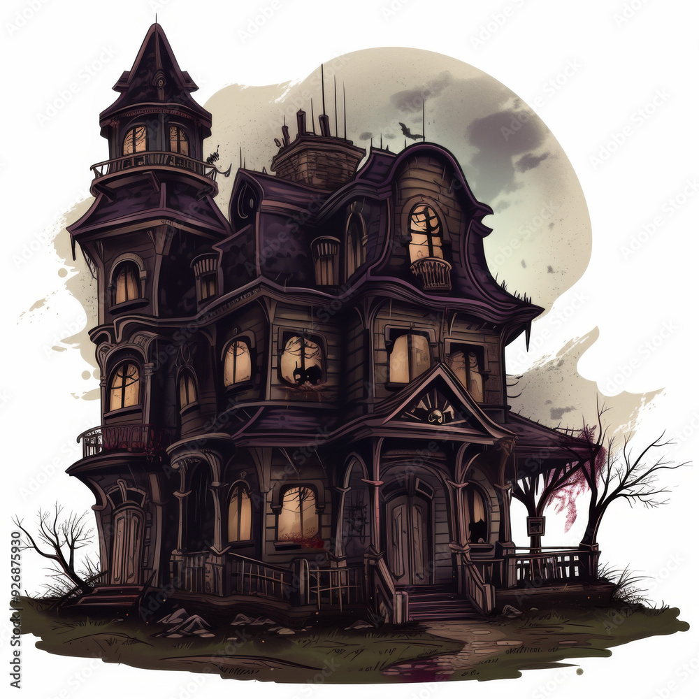 An illustration of a spooky Halloween manor with gothic architecture, featuring eerie windows, twisted trees, and bats circling overhead. The manor is set against an isolated background, perfect An illustration of a spooky Halloween manor with gothic architecture, featuring eerie windows, twisted trees, and bats circling overhead. The manor is set against an isolated background, perfect