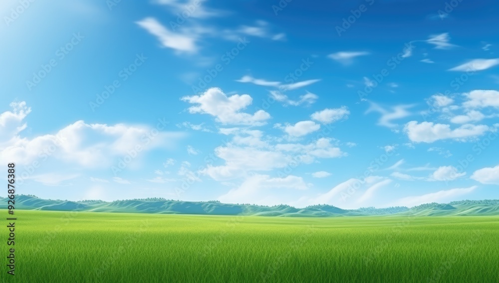 Fototapeta premium Vibrant Green Grass Meadow Under Clear Blue Sky, Fluffy Clouds in a Natural Landscape