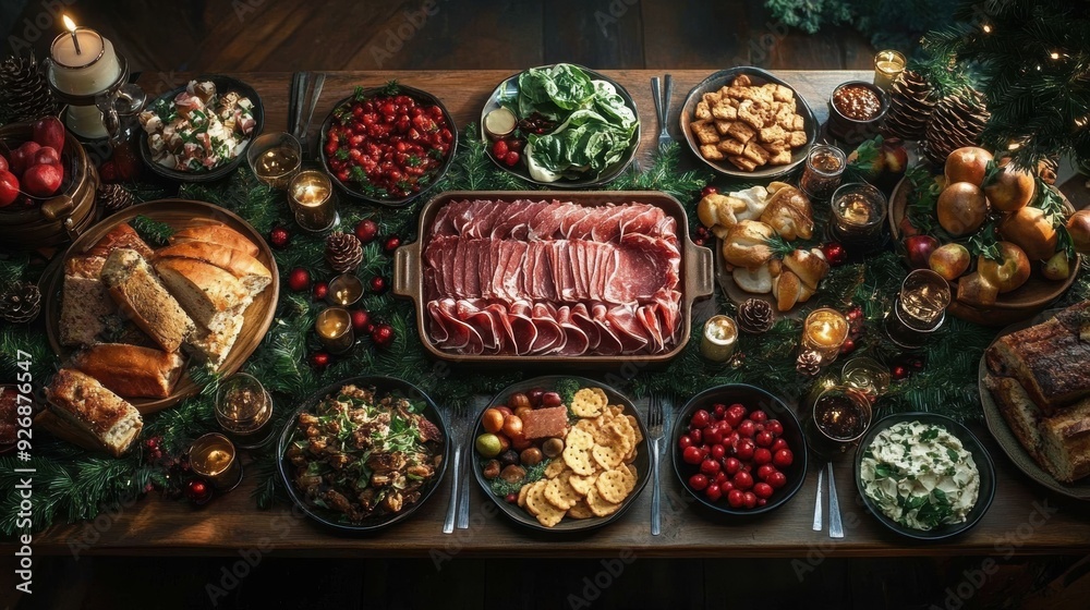 A Christmas table laden with food, a family gathered to celebrate and enjoy a festive meal together A Christmas table laden with food, a family gathered to celebrate and enjoy a festive meal together