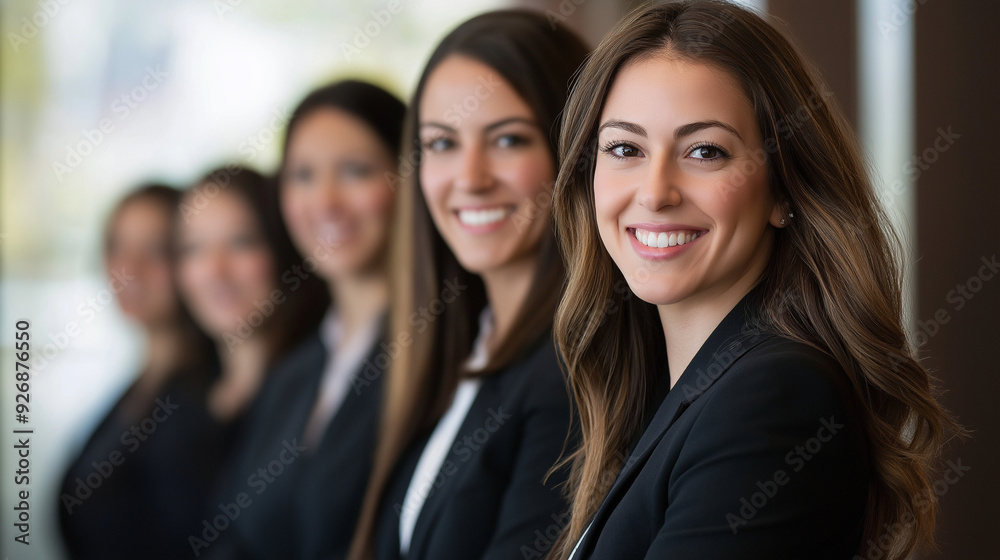Smiling businesspeople standing together in an office, symbolizing teamwork and success Smiling businesspeople standing together in an office, symbolizing teamwork and success
