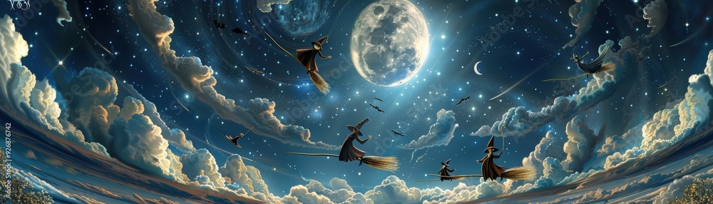 Fototapeta premium Witches Flying Through a Starry Night Sky