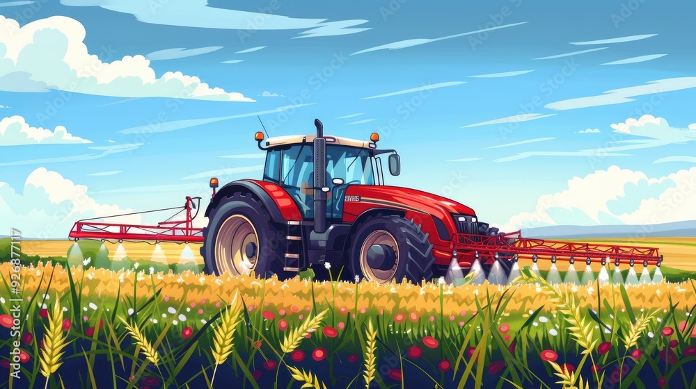 Obraz premium Red Tractor Spraying Field with Blue Sky