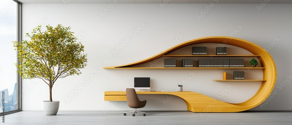 Modern Home Office Design with Curved Desk and Bookshelf Modern Home Office Design with Curved Desk and Bookshelf
