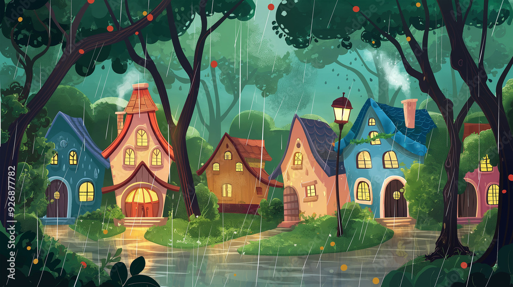 Obraz premium The Forest village with gnome in rain, game background, Illustration