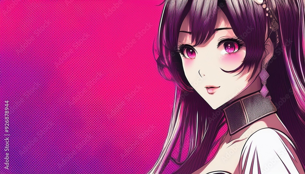 Retro pop art manga woman pink purple background, conceptual pattern, copy space Retro pop art manga woman pink purple background, conceptual pattern, copy space
