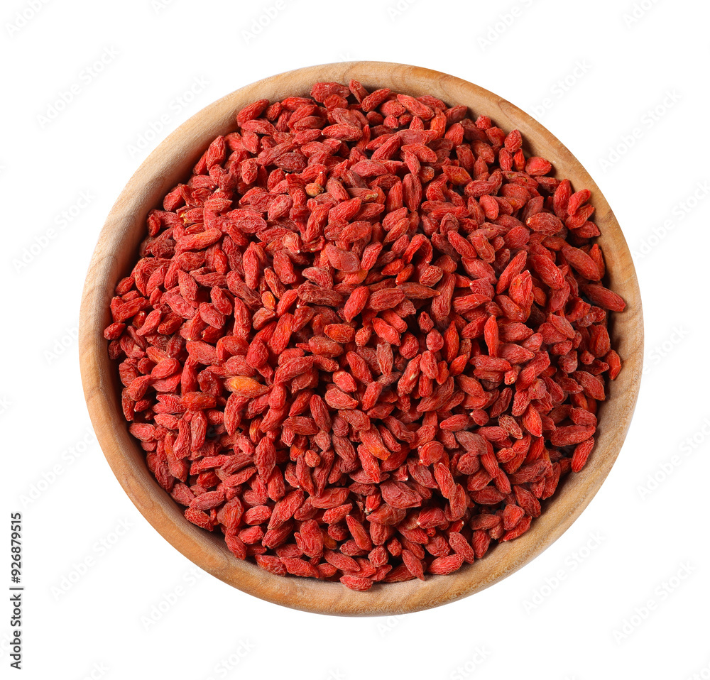 Dried goji berries in bowl isolated on white, top view Dried goji berries in bowl isolated on white, top view
