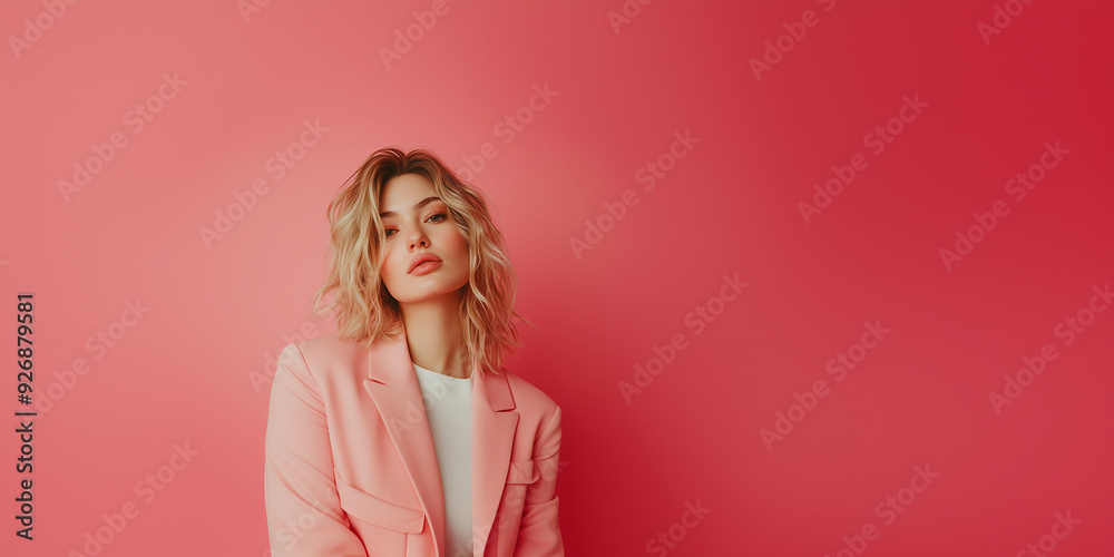Business woman in studio wearing a pink blazer Business woman in studio wearing a pink blazer