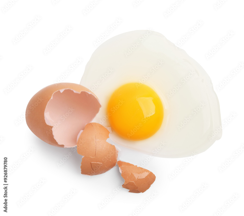 Broken raw egg isolated on white, top view Broken raw egg isolated on white, top view