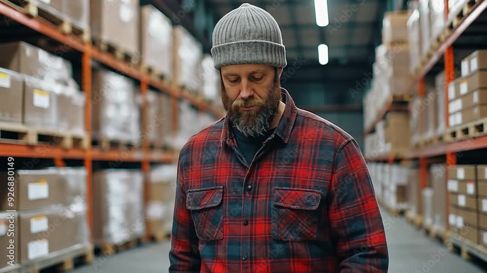 A warehouse worker uses a digital tablet to manage inventory, surrounded by high shelves stacked with goods. A warehouse worker uses a digital tablet to manage inventory, surrounded by high shelves stacked with goods.