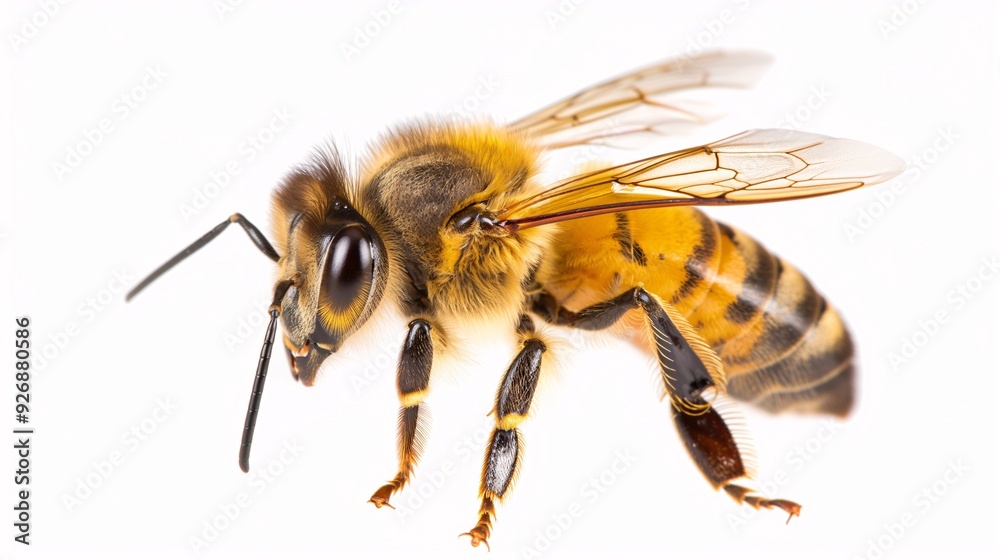Honeybee Close-up: A detailed, high-resolution photograph of a honeybee in profile, showcasing its intricate anatomy and vibrant colors against a clean white background. Honeybee Close-up: A detailed, high-resolution photograph of a honeybee in profile, showcasing its intricate anatomy and vibrant colors against a clean white background.