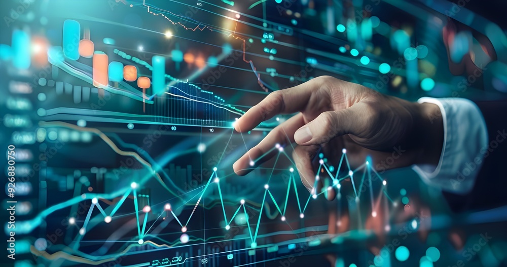 Businessman touching upward growing line graph on virtual screen. Businessman touching upward growing line graph on virtual screen.