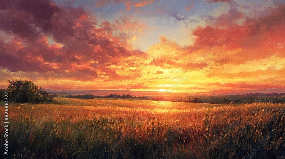 Obraz premium A painting depicting a vibrant sunset over a expansive field, A serene sunrise over a peaceful countryside