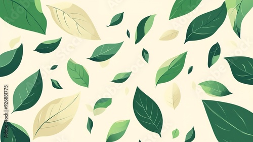 Illustration of green leaves soaring through the air in a flat style design 