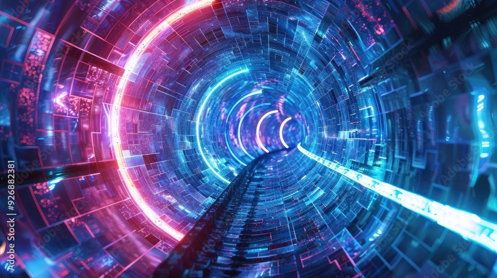A vibrant, illuminated tunnel with colorful neon lights creating a futuristic atmosphere.